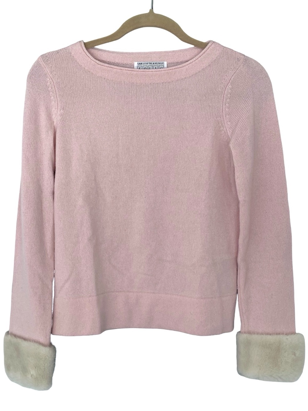 Vintage Saks Fifth Avenue 100% cashmere fur cuff soft pink sweater size small